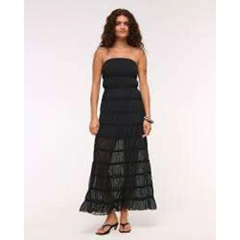 Abercrombie & Fitch Black Strapless Ruched Tiered Maxi Dress Solid Chiffon L